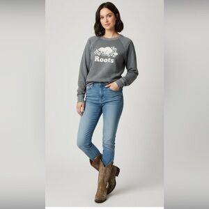 Roots Women's Salt & Pepper Grey Crew Neck Logo Sweatshirt Size Small